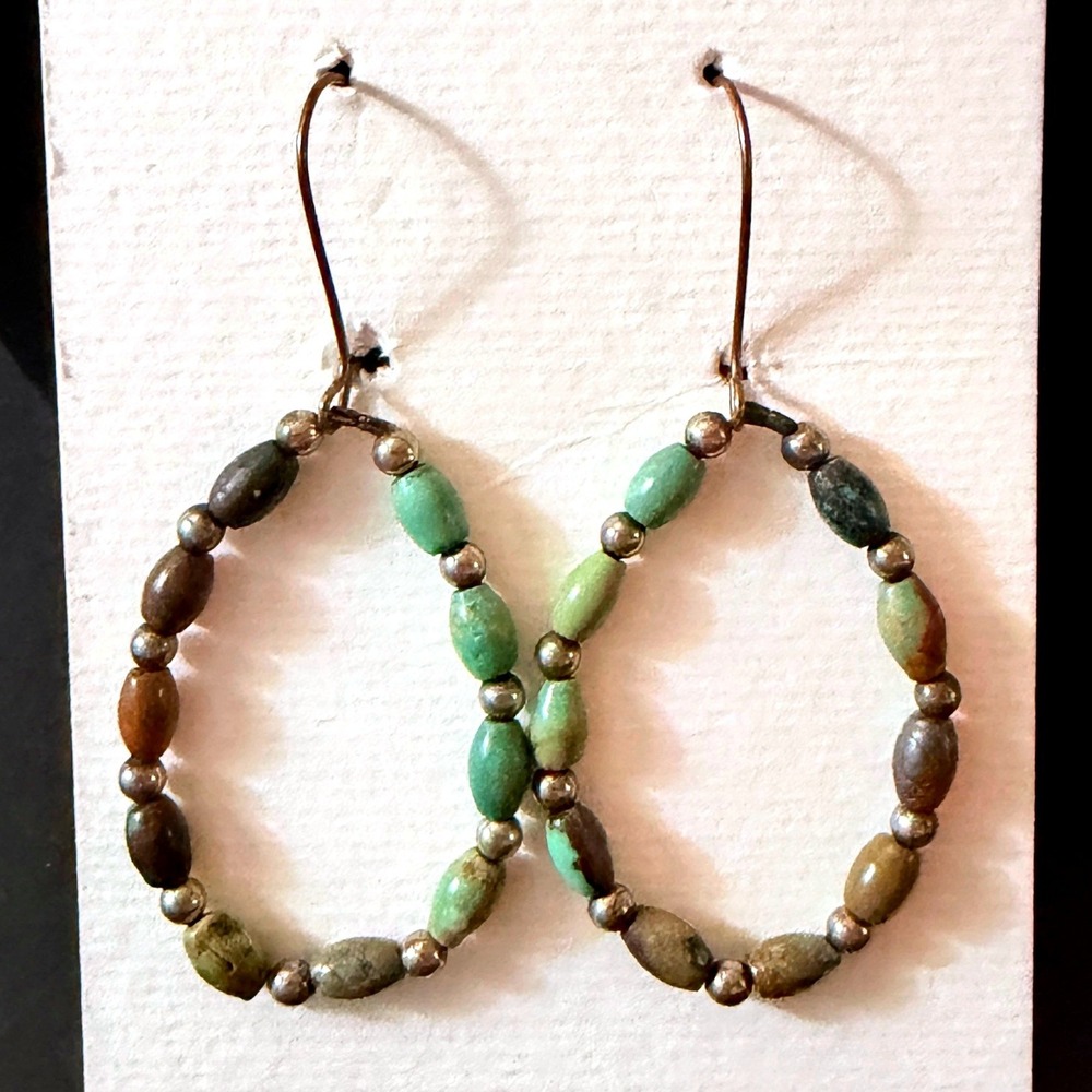 Turquoise Stone Beaded Oval Hoop Earrings Green Brown Stephanie Aune Artist